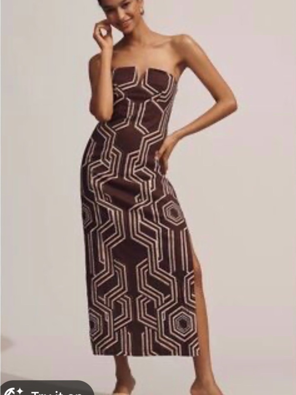 Anthropologie Strapless Brown Geometric Midi Dress with Cream Pattern